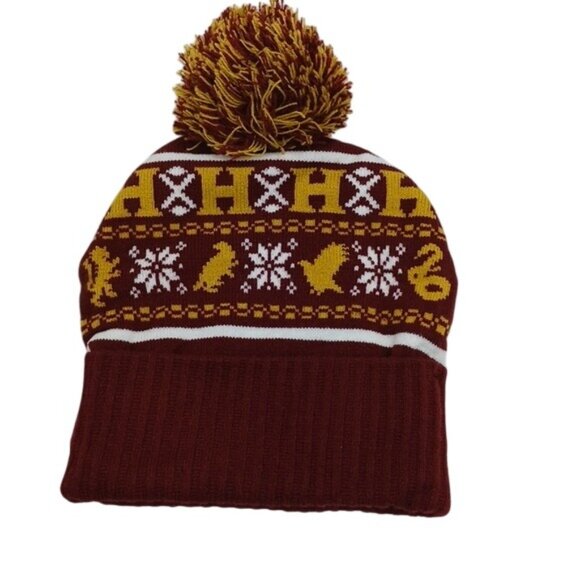 Harry Potter Beanie Hat Red Yellow Knit Pom Pom Hogwarts Unisex - Picture 3 of 5